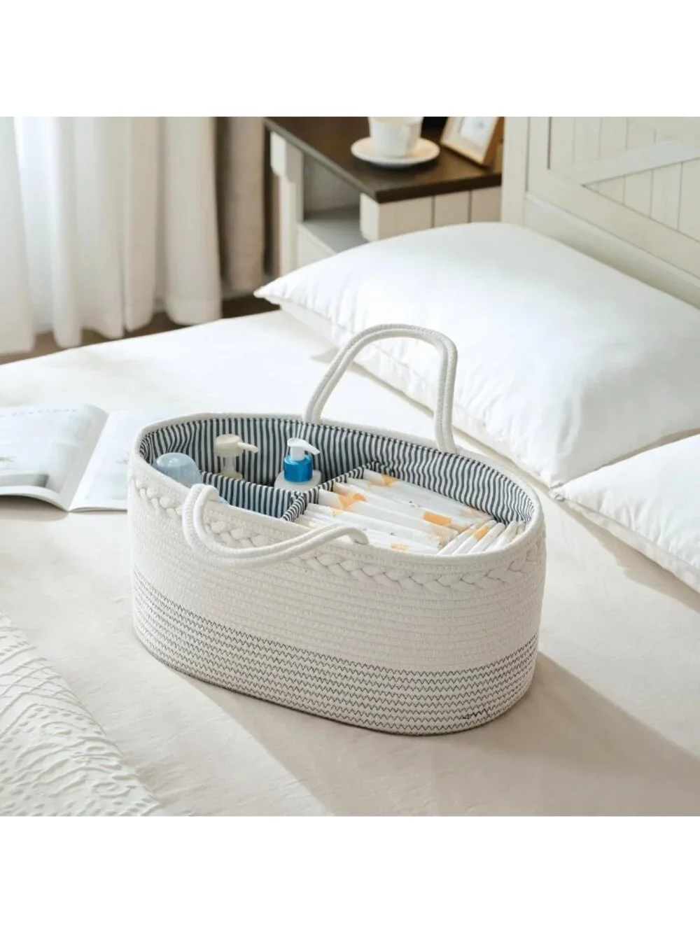 Large Cotton Rope Diaper Caddy Organizer - Portable Baby Storage Basket for